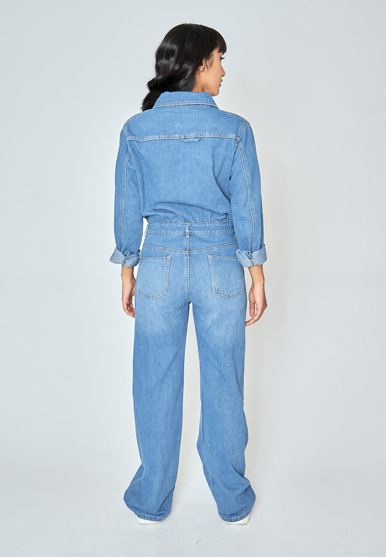 Aldridge Blue Denim Buttons Up Turn Down Collar Long Sleeves Jumpsuit with Pockets