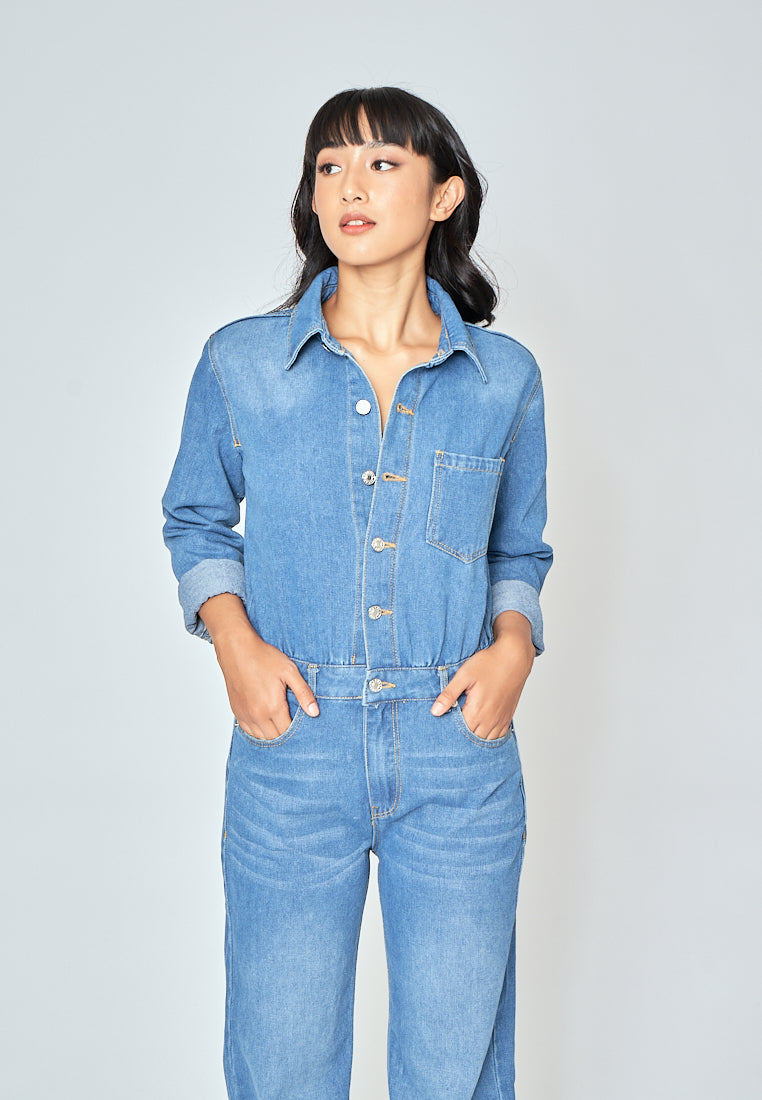 Aldridge Blue Denim Buttons Up Turn Down Collar Long Sleeves Jumpsuit with Pockets
