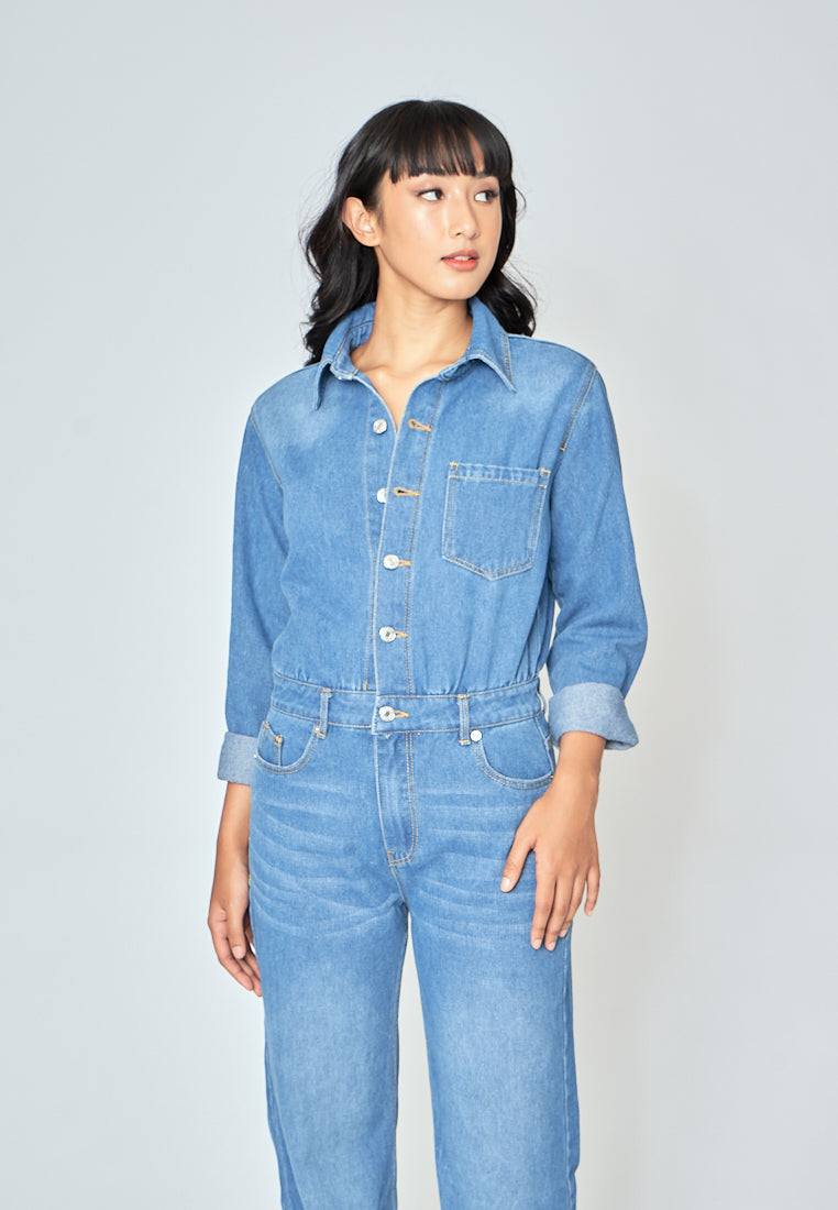 Aldridge Blue Denim Buttons Up Turn Down Collar Long Sleeves Jumpsuit with Pockets