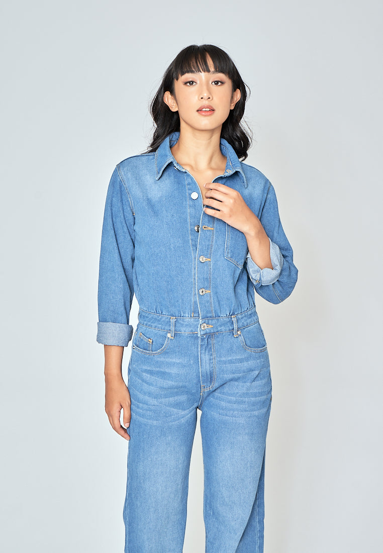 Aldridge Blue Denim Buttons Up Turn Down Collar Long Sleeves Jumpsuit with Pockets
