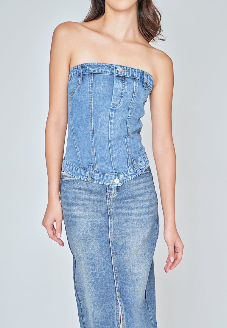 Kaela Blue Denim Smocked Back with Zipper Tube Top