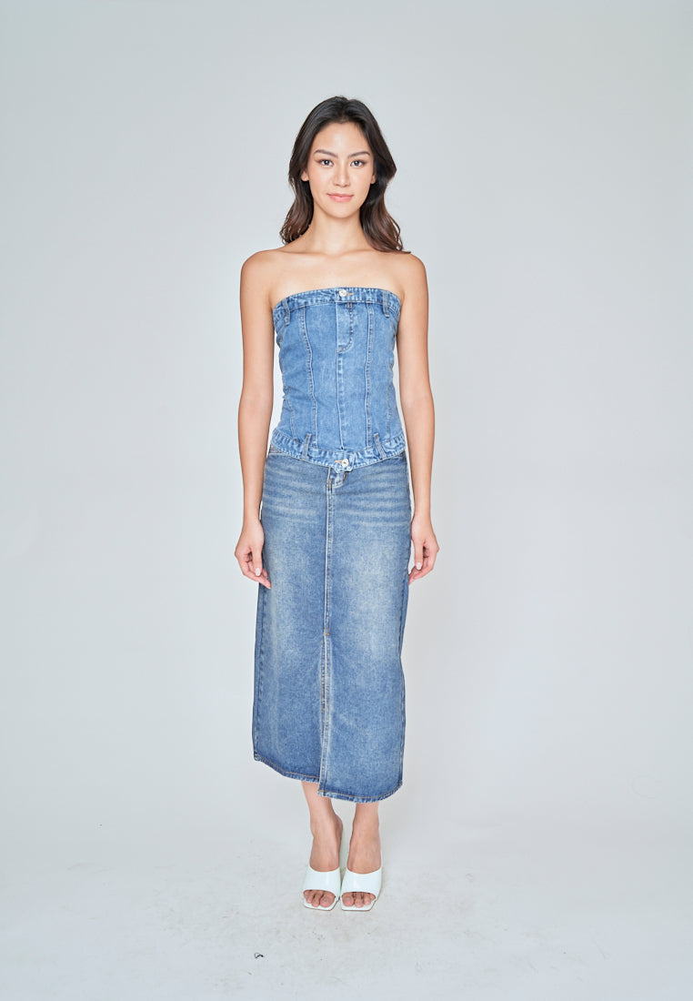 Kaela Blue Denim Smocked Back with Zipper Tube Top
