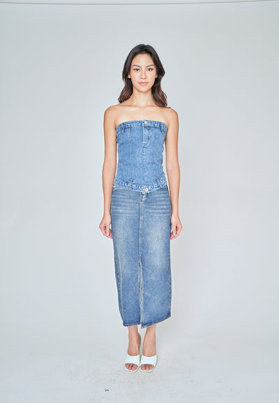 Kaela Blue Denim Smocked Back with Zipper Tube Top
