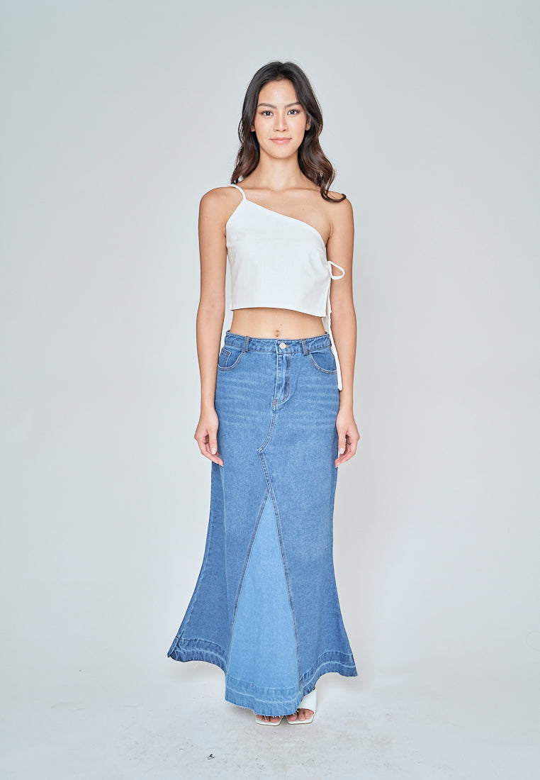 Martell Dark Blue Denim Zipper FLy Wide Front Slit with Multi-Pockets Midi Skirt