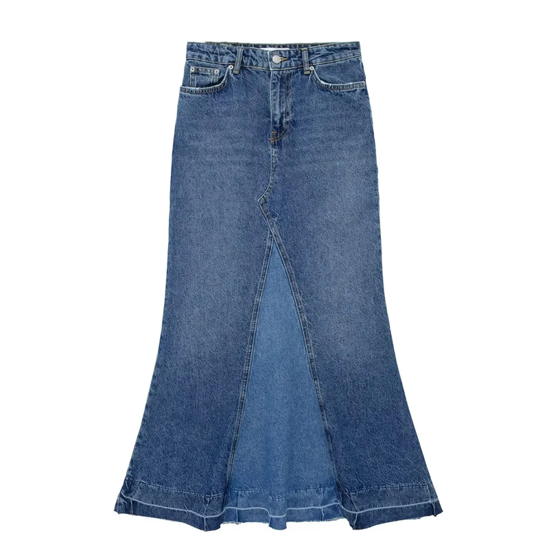 Martell Dark Blue Denim Zipper FLy Wide Front Slit with Multi-Pockets Midi Skirt
