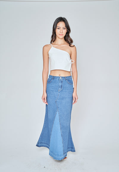 Martell Dark Blue Denim Zipper FLy Wide Front Slit with Multi-Pockets Midi Skirt
