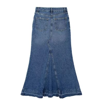 Martell Dark Blue Denim Zipper FLy Wide Front Slit with Multi-Pockets Midi Skirt