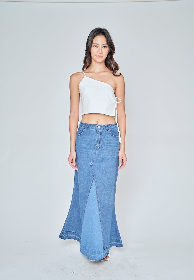 Martell Dark Blue Denim Zipper FLy Wide Front Slit with Multi-Pockets Midi Skirt