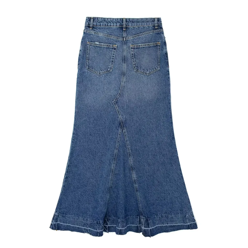 Martell Dark Blue Denim Zipper FLy Wide Front Slit with Multi-Pockets Midi Skirt