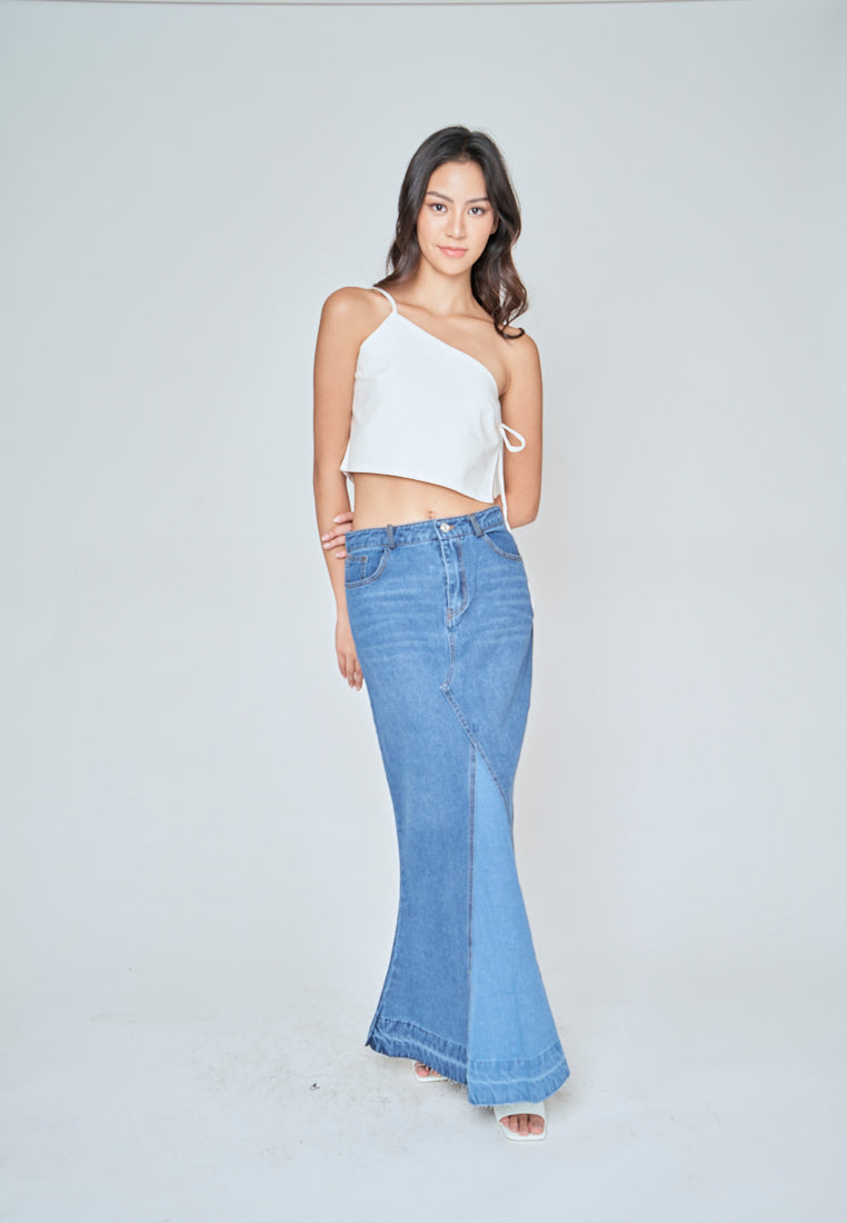 Martell Dark Blue Denim Zipper FLy Wide Front Slit with Multi-Pockets Midi Skirt