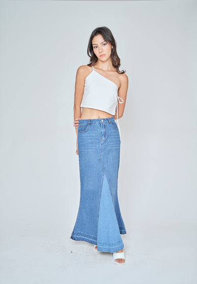 Martell Dark Blue Denim Zipper FLy Wide Front Slit with Multi-Pockets Midi Skirt