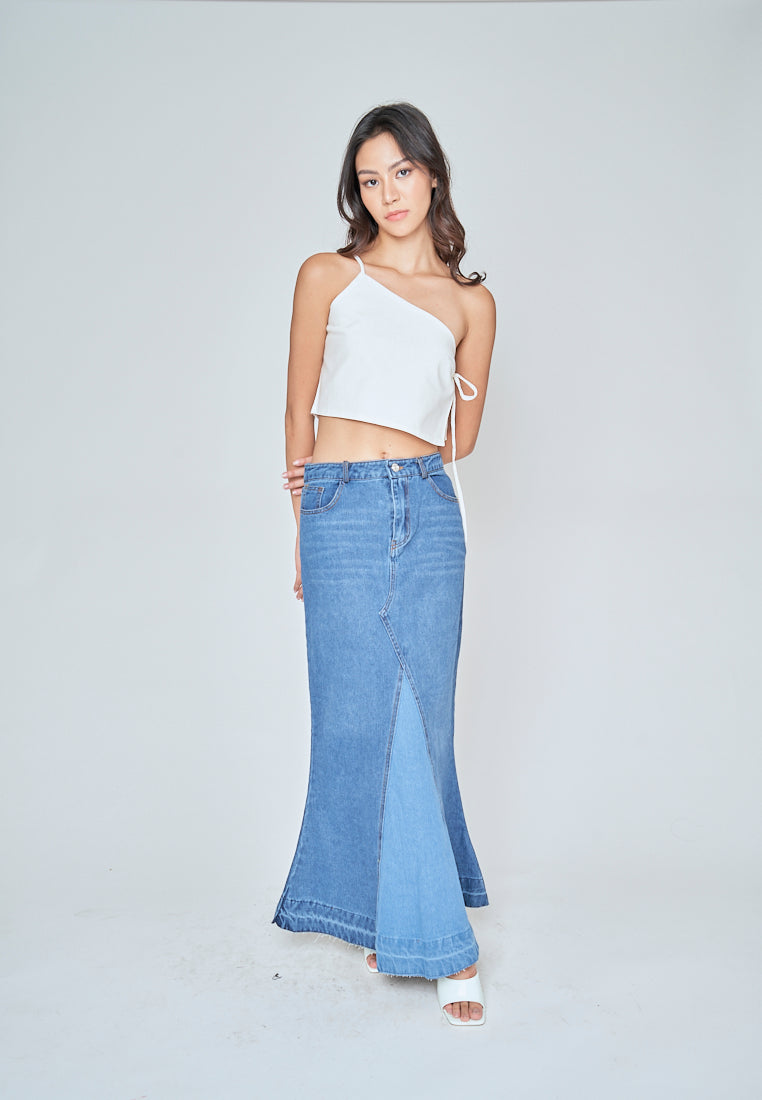 Martell Dark Blue Denim Zipper FLy Wide Front Slit with Multi-Pockets Midi Skirt
