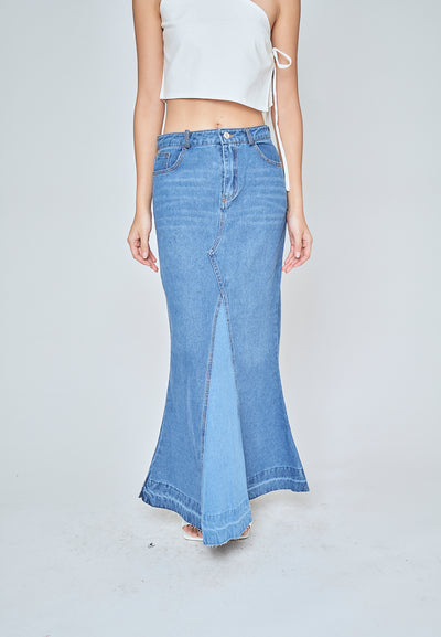 Martell Dark Blue Denim Zipper FLy Wide Front Slit with Multi-Pockets Midi Skirt