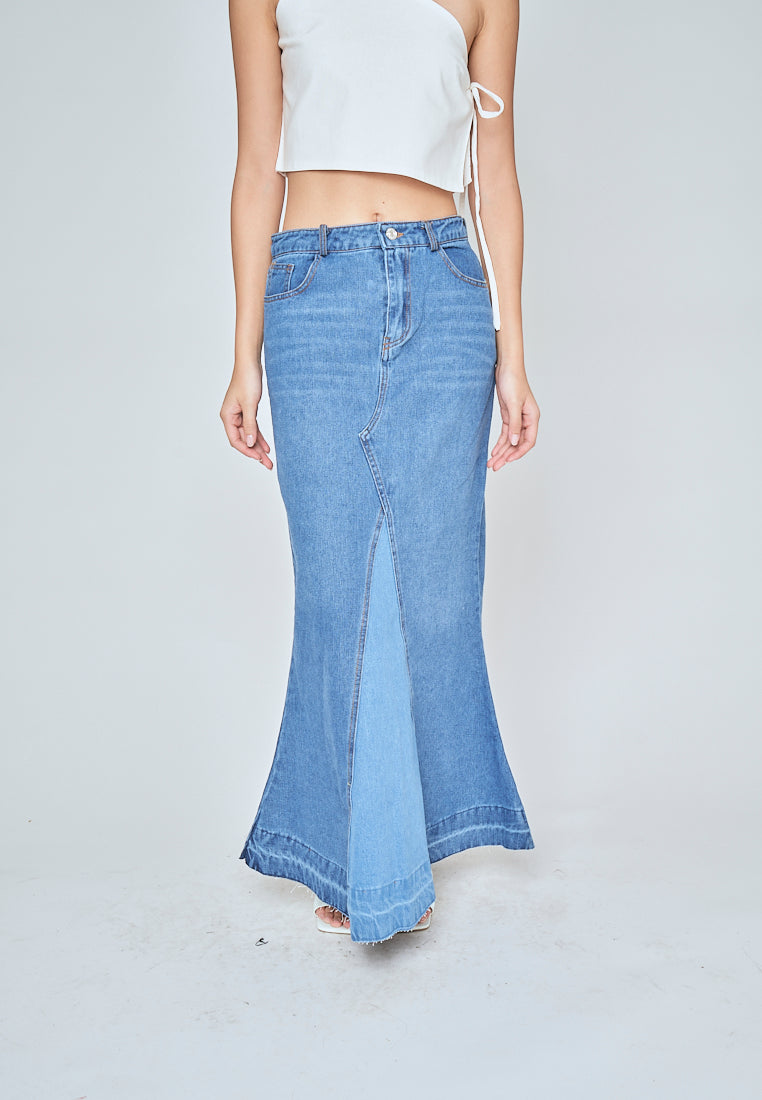 Martell Dark Blue Denim Zipper FLy Wide Front Slit with Multi-Pockets Midi Skirt