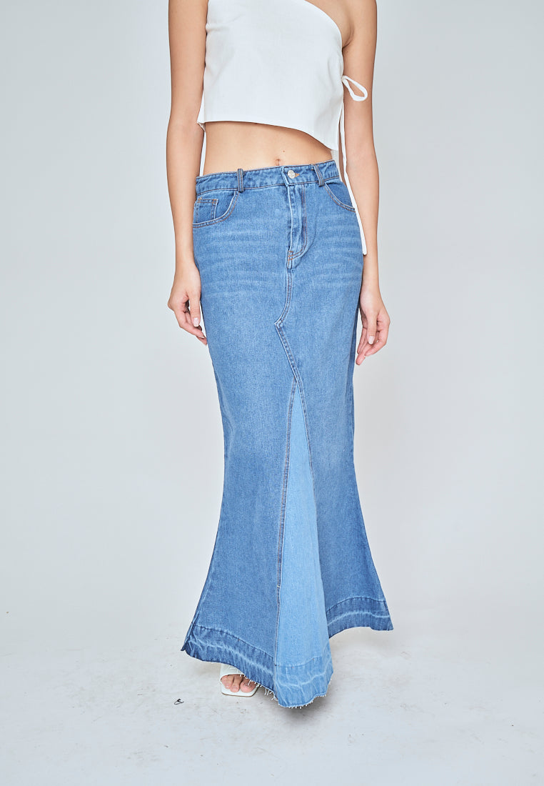 Martell Dark Blue Denim Zipper FLy Wide Front Slit with Multi-Pockets Midi Skirt