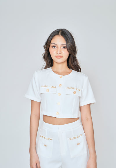 Sia White Round Neck Button Down Short Sleeves Crop Top