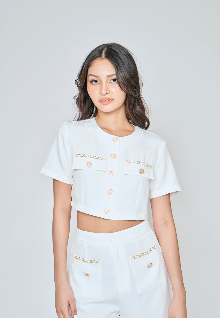 Sia White Round Neck Button Down Short Sleeves Crop Top