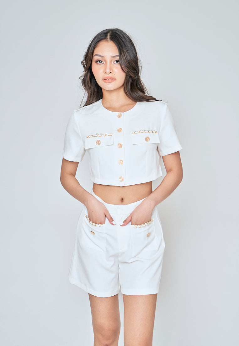 Sia White Round Neck Button Down Short Sleeves Crop Top