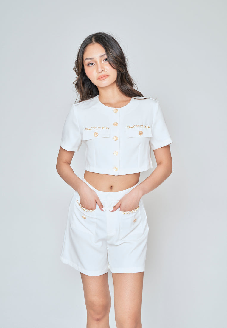 Sia White Round Neck Button Down Short Sleeves Crop Top