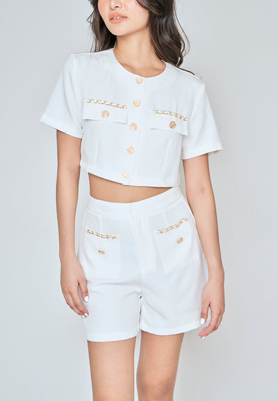 Sia White Round Neck Button Down Short Sleeves Crop Top