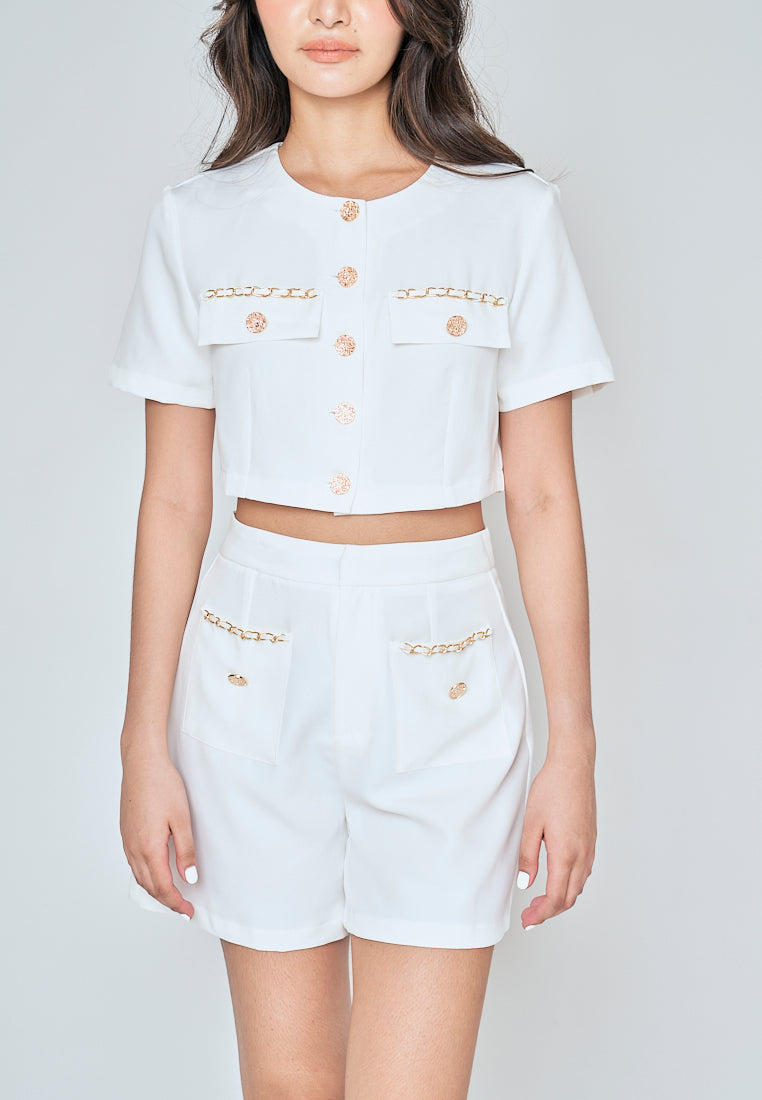 Sia White Round Neck Button Down Short Sleeves Crop Top