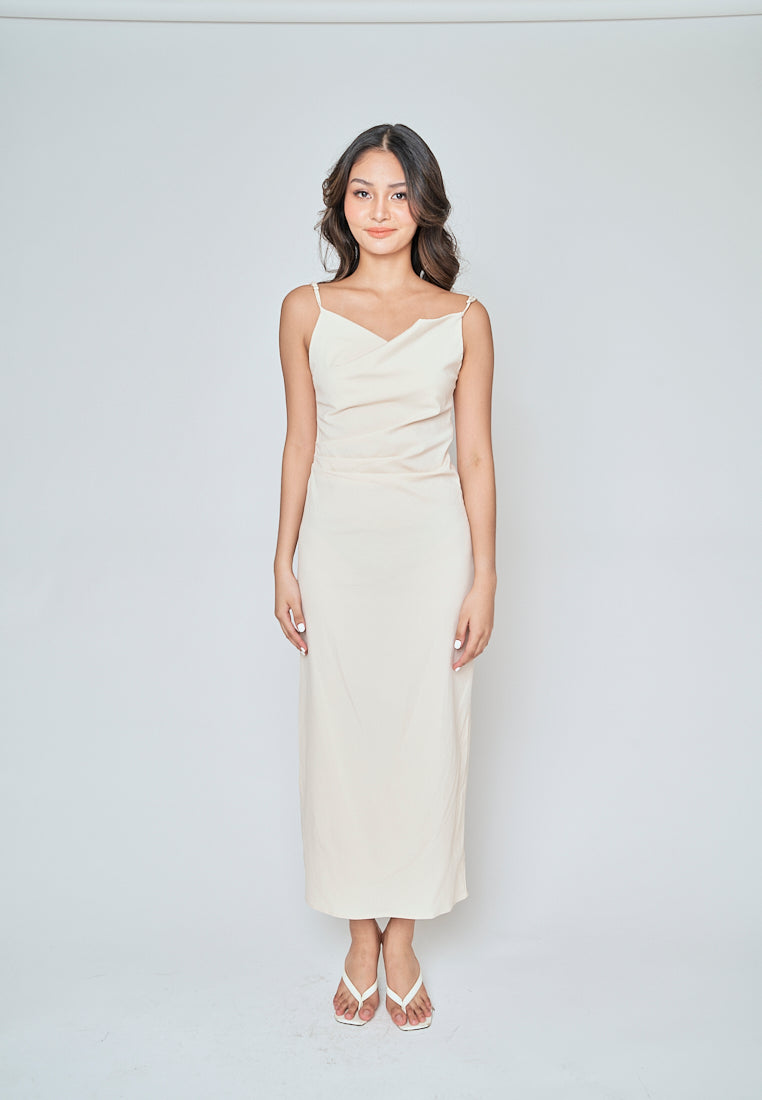 Aspen Cream Cowl Neck Sleeveless Ruch Side Midi Dress