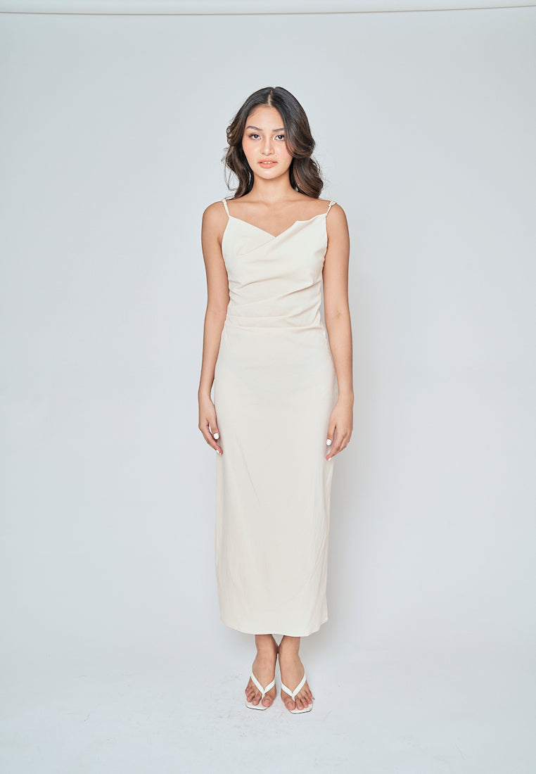 Aspen Cream Cowl Neck Sleeveless Ruch Side Midi Dress