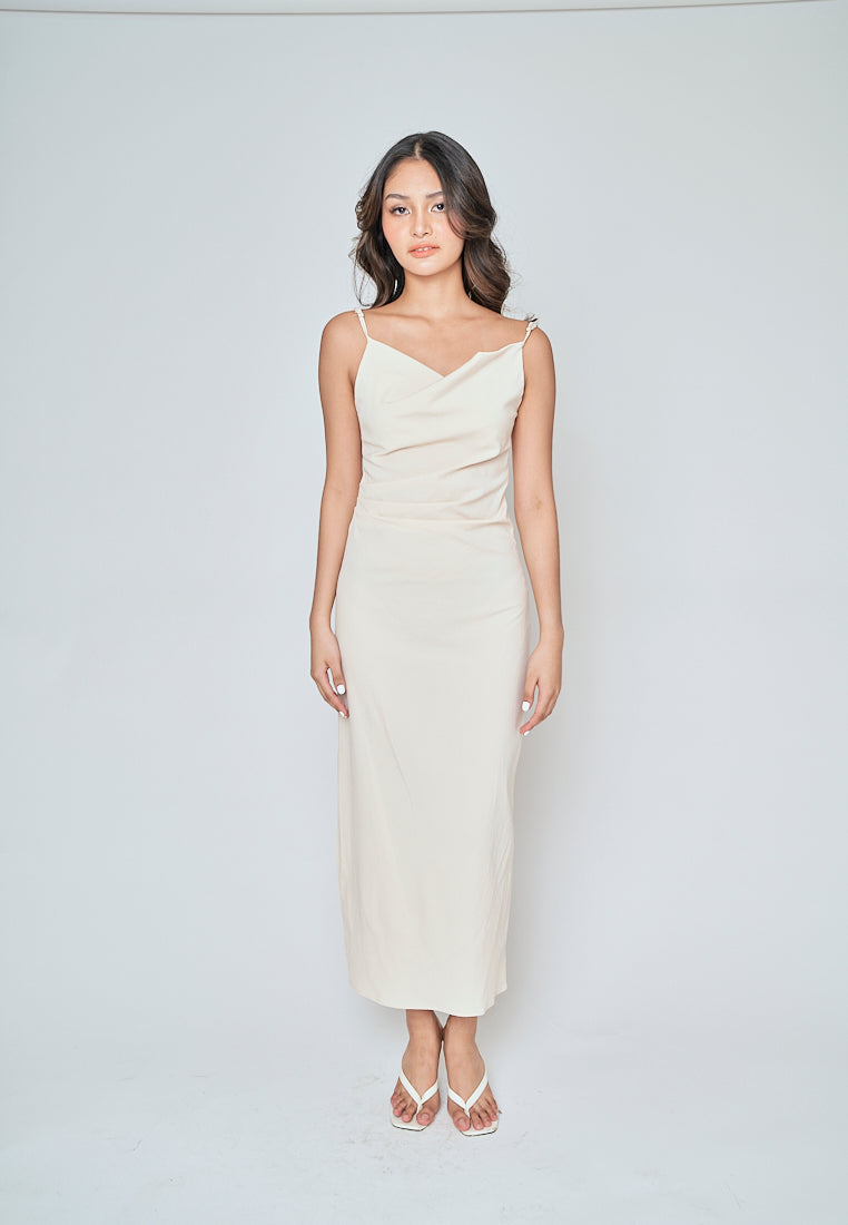 Aspen Cream Cowl Neck Sleeveless Ruch Side Midi Dress
