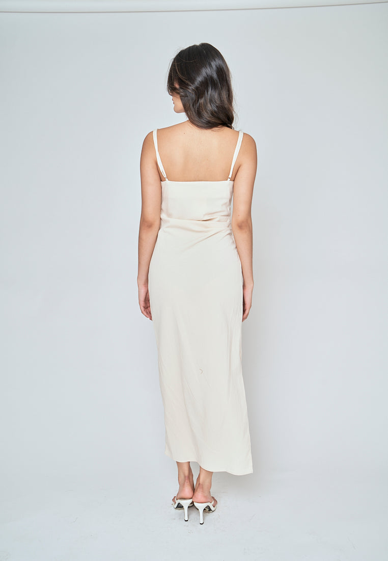 Aspen Cream Cowl Neck Sleeveless Ruch Side Midi Dress