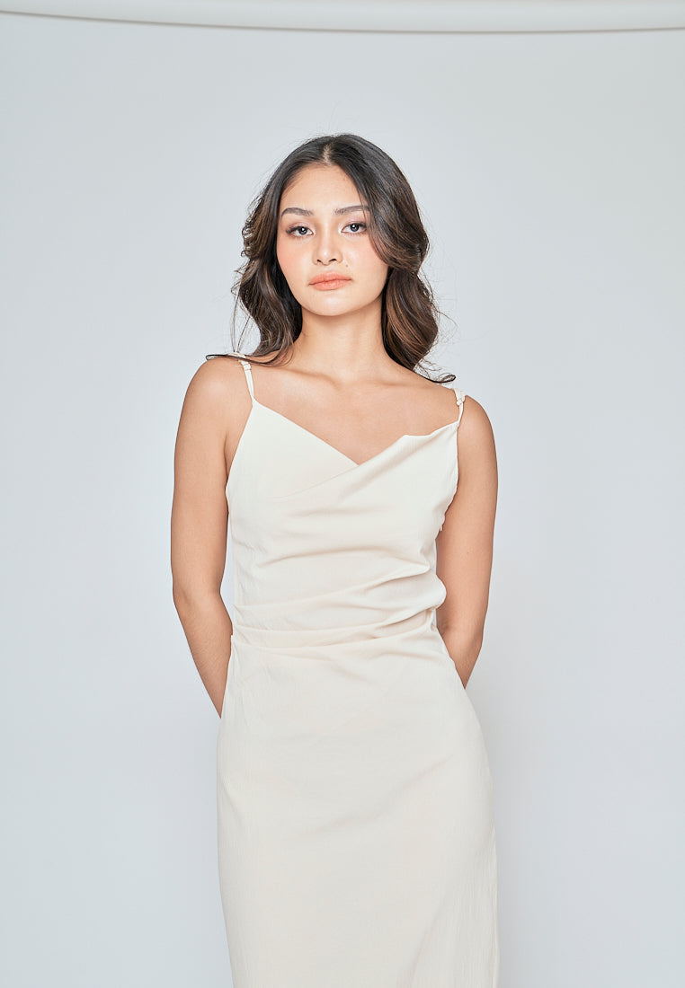 Aspen Cream Cowl Neck Sleeveless Ruch Side Midi Dress