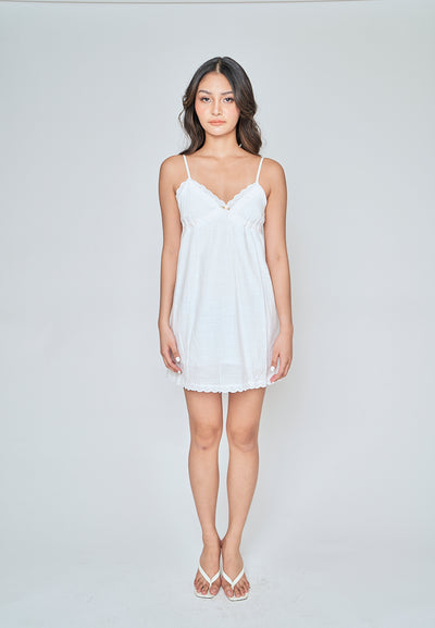 Arvelle White V Neck Sleeveless Lace Hem Mini Dress