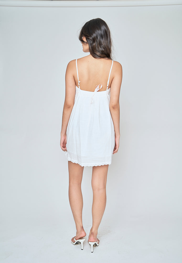 Arvelle White V Neck Sleeveless Lace Hem Mini Dress
