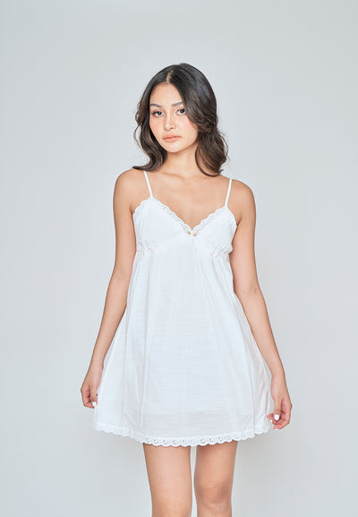 Arvelle White V Neck Sleeveless Lace Hem Mini Dress