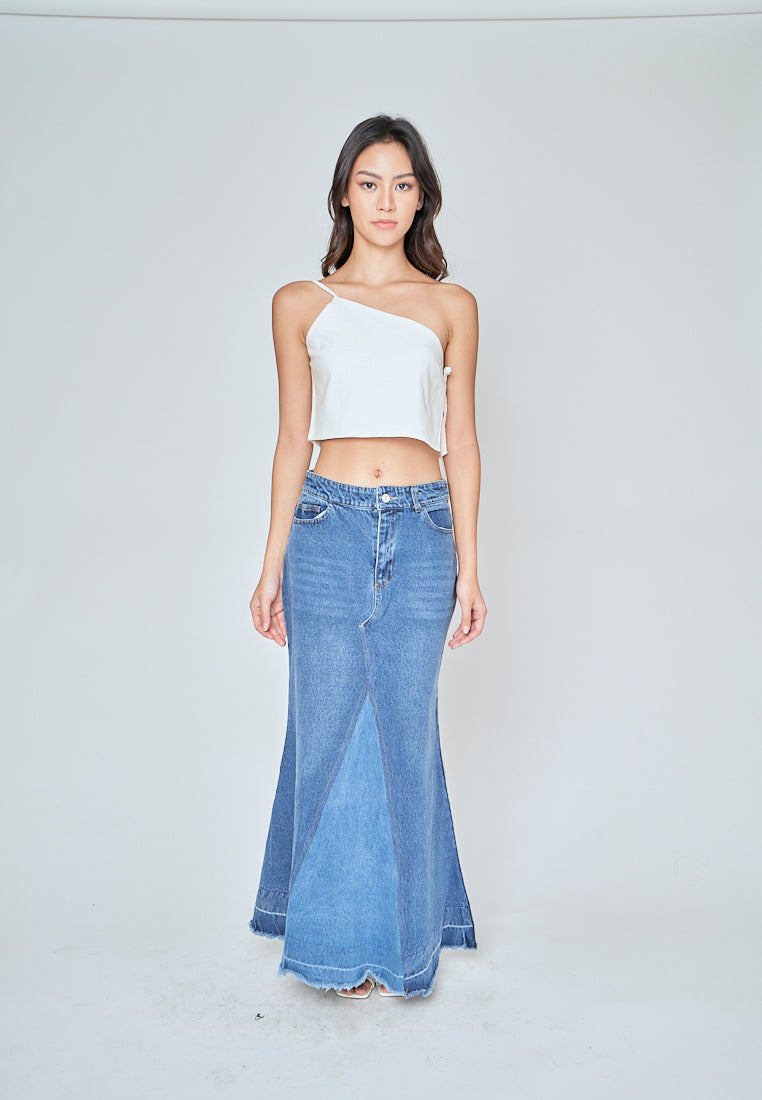 Marty Blue Denim Zipper Fly A-Line Raw Hem Midi Skirt