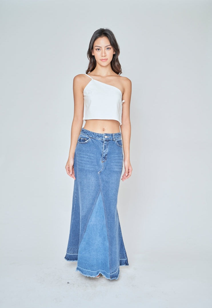 Marty Blue Denim Zipper Fly A-Line Raw Hem Midi Skirt