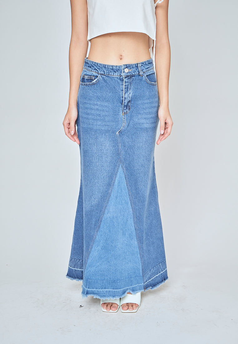 Marty Blue Denim Zipper Fly A-Line Raw Hem Midi Skirt