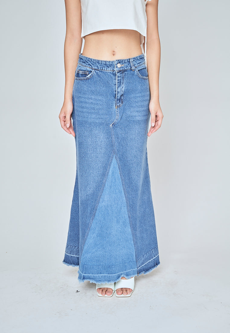 Marty Blue Denim Zipper Fly A-Line Raw Hem Midi Skirt