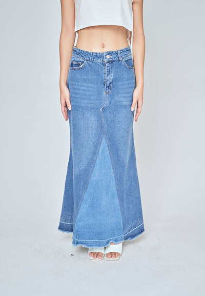 Marty Blue Denim Zipper Fly A-Line Raw Hem Midi Skirt