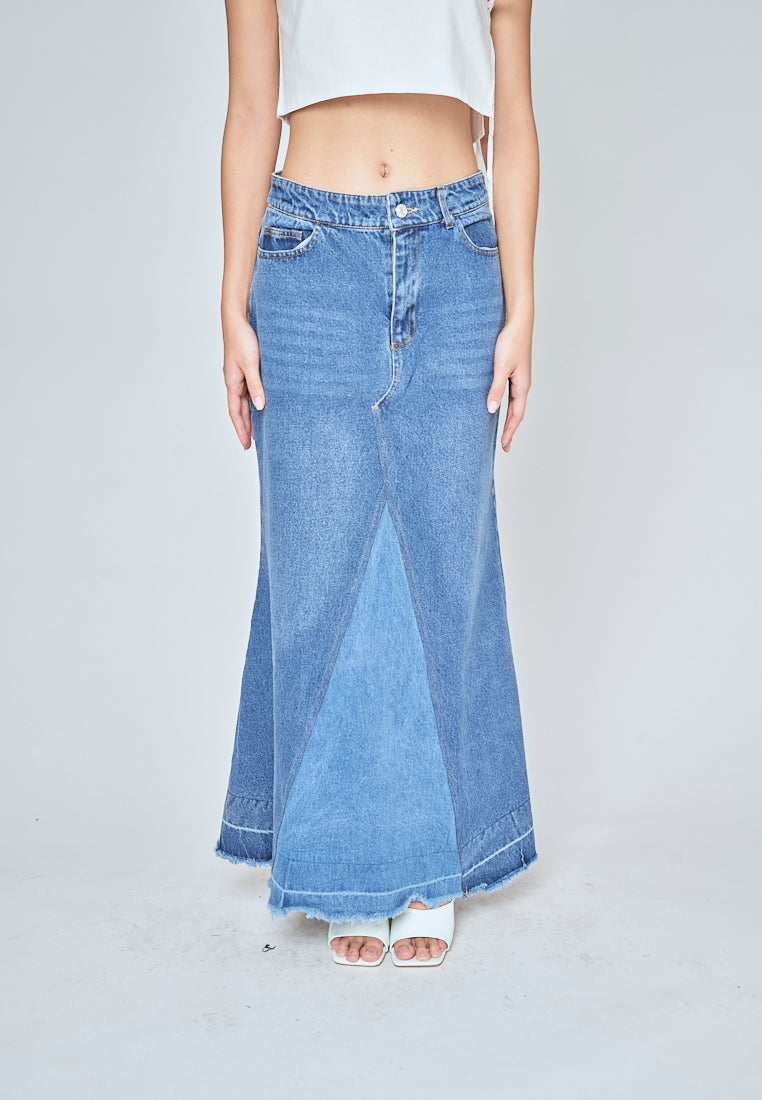 Marty Blue Denim Zipper Fly A-Line Raw Hem Midi Skirt