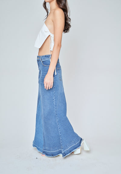 Marty Blue Denim Zipper Fly A-Line Raw Hem Midi Skirt