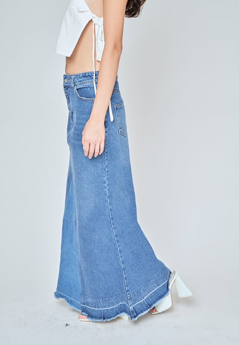 Marty Blue Denim Zipper Fly A-Line Raw Hem Midi Skirt