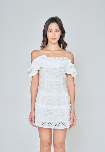 Ataliah White Eyelet Ruffle Off Shoulder Mini Dress