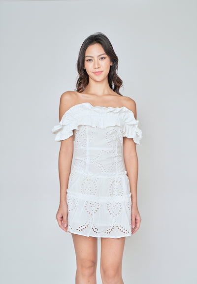 Ataliah White Eyelet Ruffle Off Shoulder Mini Dress