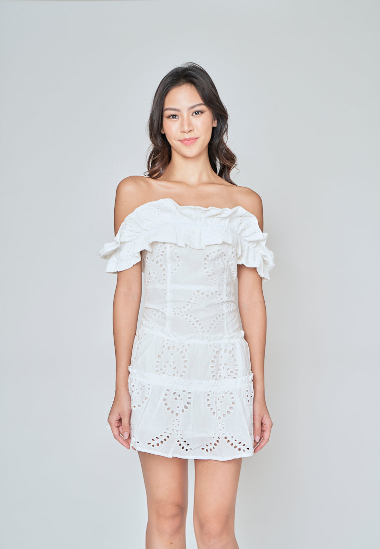Ataliah White Eyelet Ruffle Off Shoulder Mini Dress