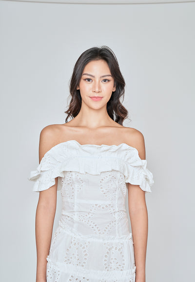 Ataliah White Eyelet Ruffle Off Shoulder Mini Dress