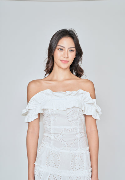 Ataliah White Eyelet Ruffle Off Shoulder Mini Dress