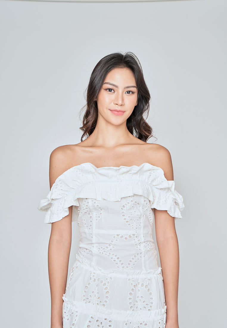 Ataliah White Eyelet Ruffle Off Shoulder Mini Dress