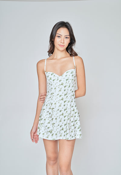 Brigette Green Floral Print Shaped Bust Sleeveless Mini Dress