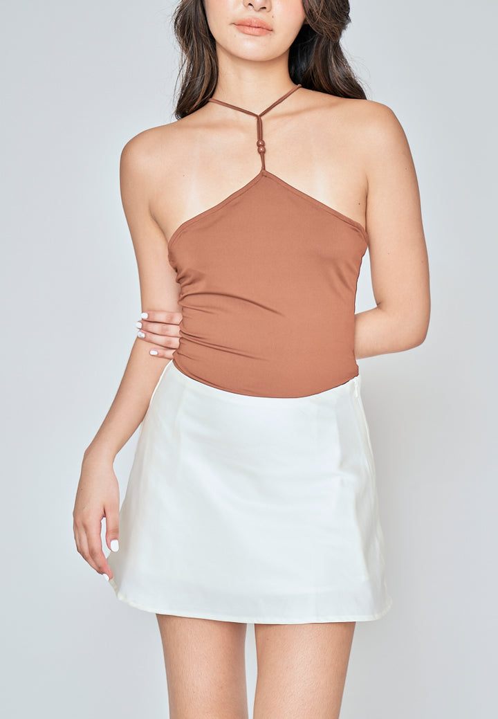 Ashby Brown Sleeveless Halter Strap Open Back Bodysuit