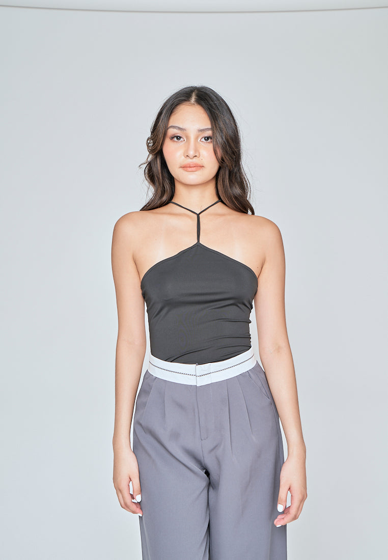 Ashby Black Sleeveless Halter Strap Open Back Bodysuit